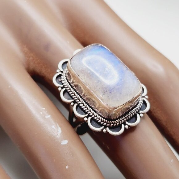 Chunky Moonstone Flash Square Framed 925 Sterling Silver Ring Adjustable - Picture 1 of 7